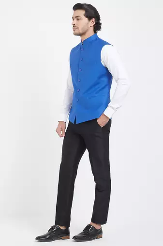 Sky blue cotton straight plain nehru jacket for men's