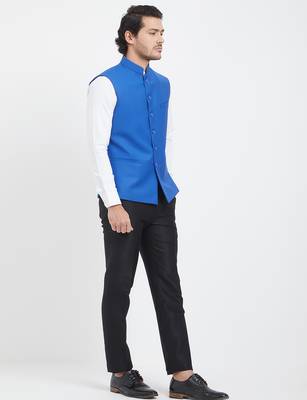 Sky blue cotton straight plain nehru jacket for men's 3