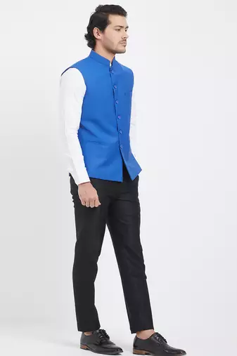 Sky blue cotton straight plain nehru jacket for men's