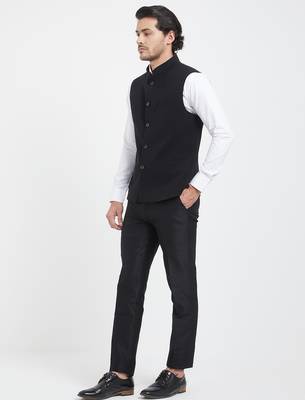 Black cotton straight plain nehru jacket for men's 3
