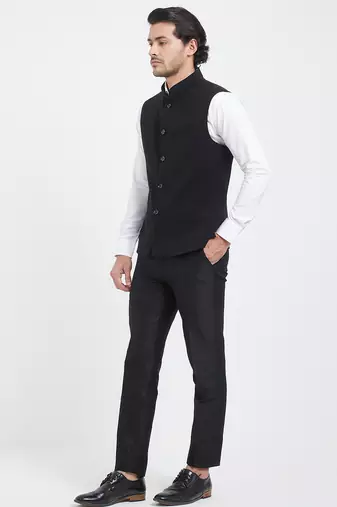 Black cotton straight plain nehru jacket for men's