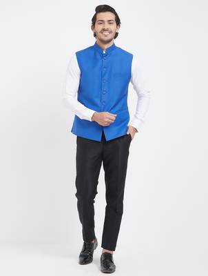 Sky blue cotton straight plain nehru jacket for men's 4