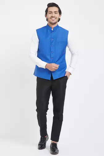 Sky blue cotton straight plain nehru jacket for men's