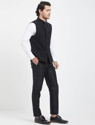 Black cotton straight plain nehru jacket for men's 4