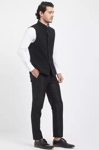 Black cotton straight plain nehru jacket for men's