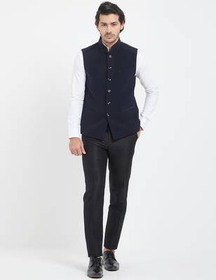 Dark blue cotton straight plain nehru jacket for men's 1