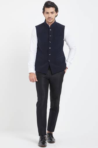 Dark blue cotton straight plain nehru jacket for men's