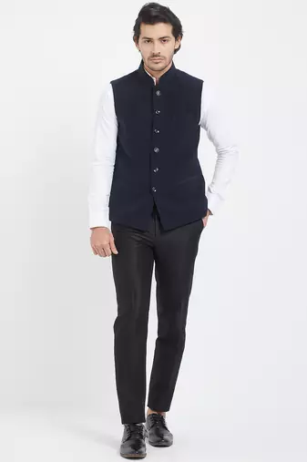 Dark blue cotton straight plain nehru jacket for men's