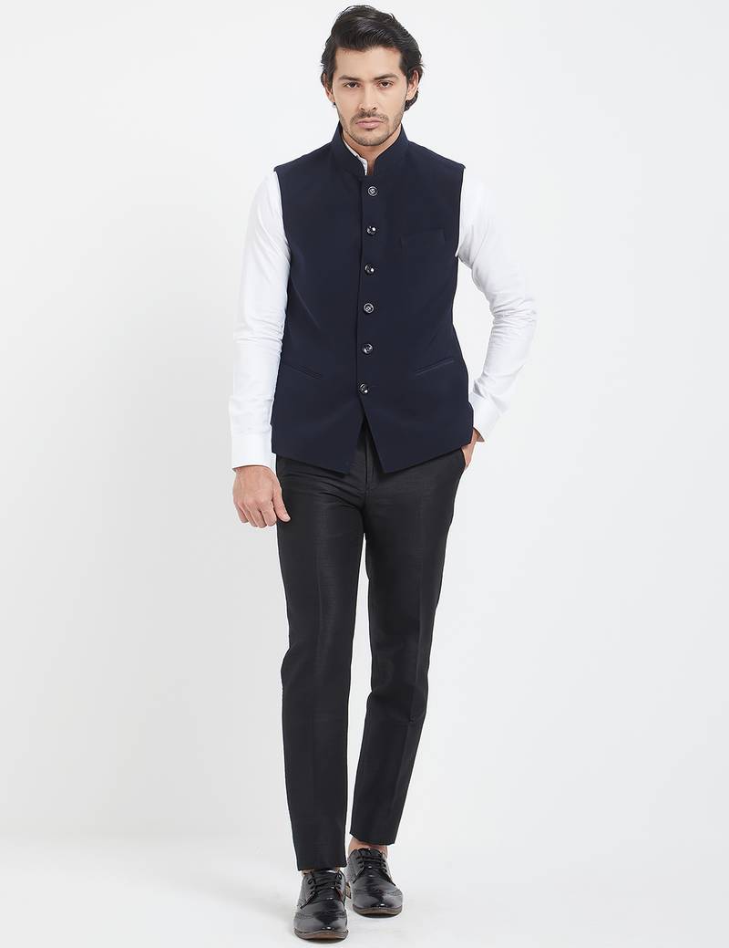 Dark blue cotton straight plain nehru jacket for men's