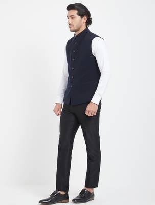 Dark blue cotton straight plain nehru jacket for men's 2