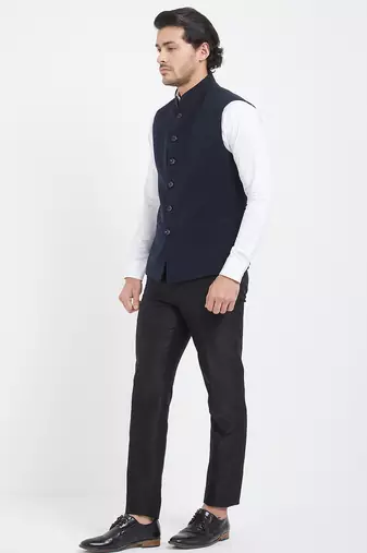 Dark blue cotton straight plain nehru jacket for men's