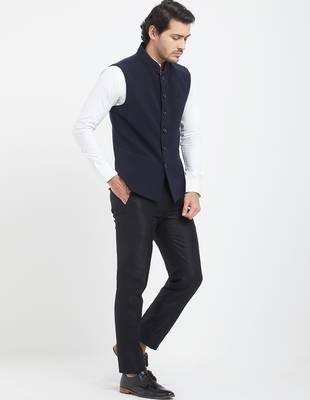 Dark blue cotton straight plain nehru jacket for men's 3