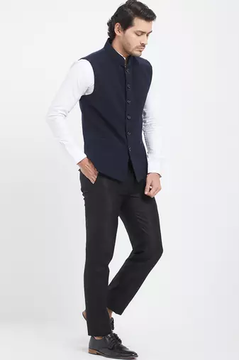 Dark blue cotton straight plain nehru jacket for men's
