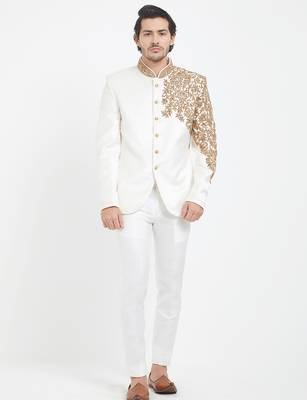 Off white art silk straight plain jodhpuri for men's 1