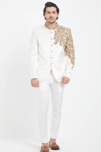 Off white art silk straight plain jodhpuri for men's