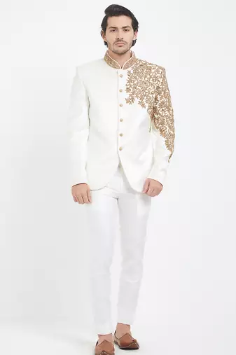 Off white art silk straight plain jodhpuri for men's