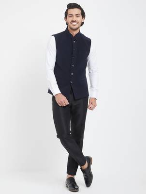 Dark blue cotton straight plain nehru jacket for men's 4
