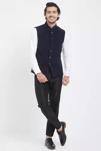 Dark blue cotton straight plain nehru jacket for men's