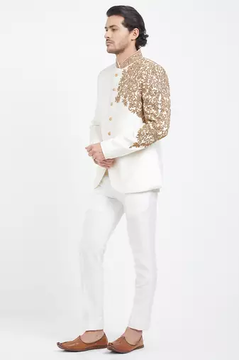 Off white art silk straight plain jodhpuri for men's