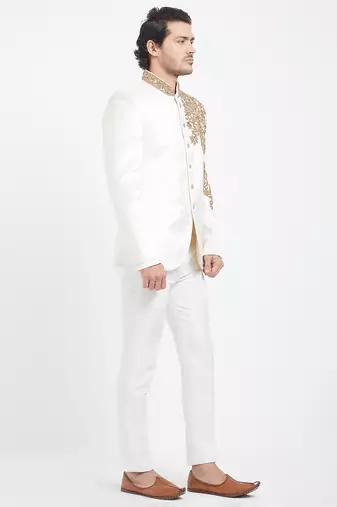 Off white art silk straight plain jodhpuri for men's