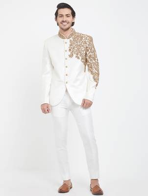 Off white art silk straight plain jodhpuri for men's 5