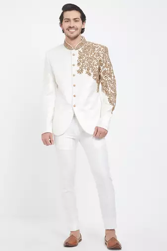 Off white art silk straight plain jodhpuri for men's