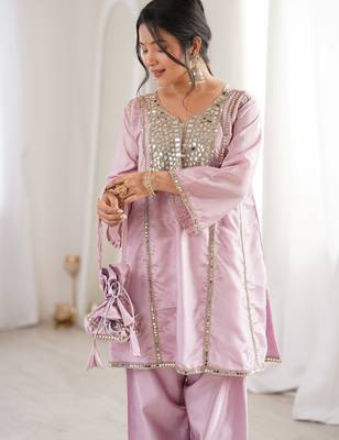 Stylish Pink Mirror Work Silk Festive Wear Pant Suit 8