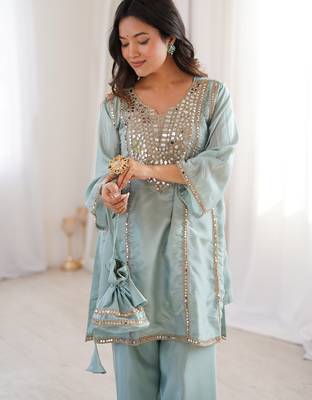 Gorgeous Sky Blue Mirror Work Silk Designer Pant Suit 7