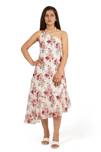 Flower digital printed one shoulder ruffle trail dress