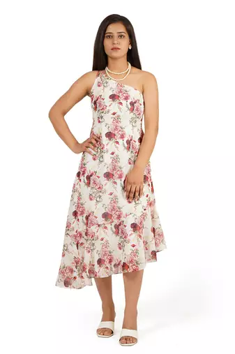 Flower digital printed one shoulder ruffle trail dress