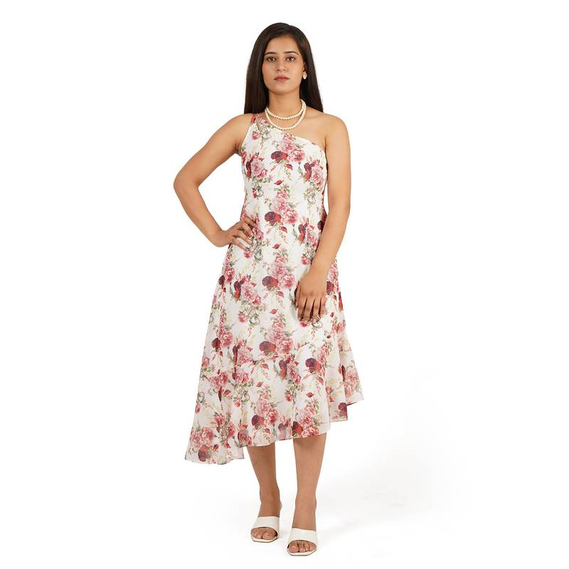 Flower digital printed one shoulder ruffle trail dress
