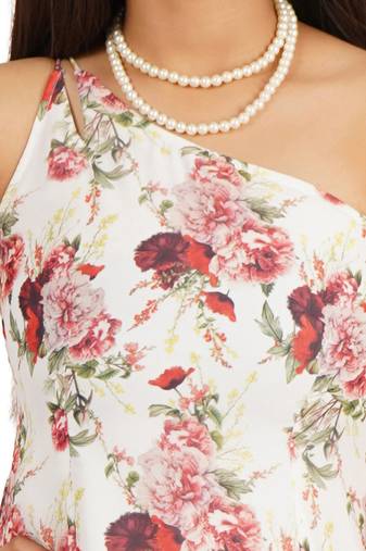 Flower digital printed one shoulder ruffle trail dress