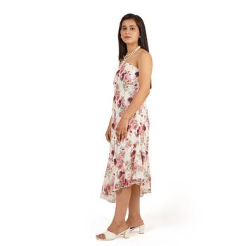 Flower digital printed one shoulder ruffle trail dress 2