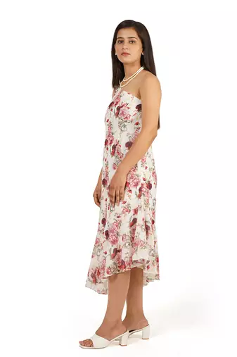 Flower digital printed one shoulder ruffle trail dress