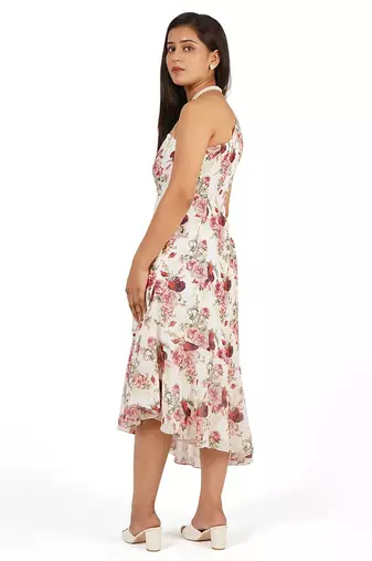 Flower digital printed one shoulder ruffle trail dress
