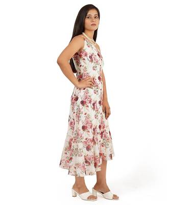 Flower digital printed one shoulder ruffle trail dress 4