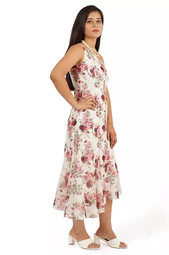 Flower digital printed one shoulder ruffle trail dress