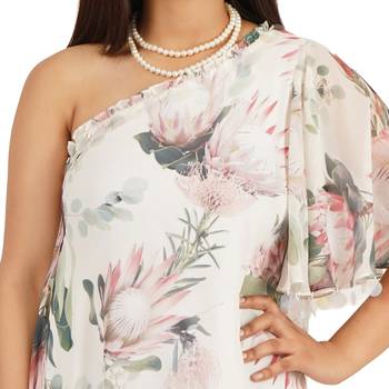 Flower digital printed ruffle sleeve one shoulder long dress 2