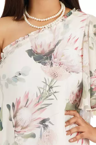 Flower digital printed ruffle sleeve one shoulder long dress