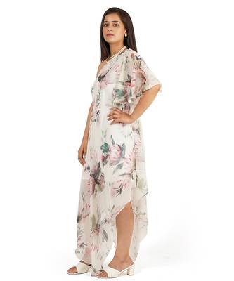 Flower digital printed ruffle sleeve one shoulder long dress 3