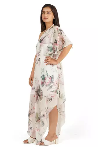 Flower digital printed ruffle sleeve one shoulder long dress