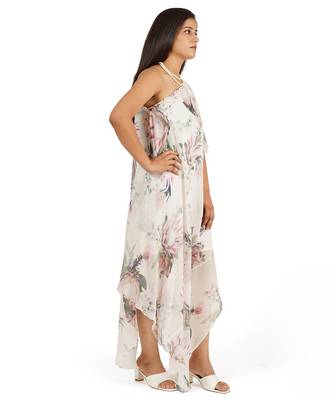 Flower digital printed ruffle sleeve one shoulder long dress 4