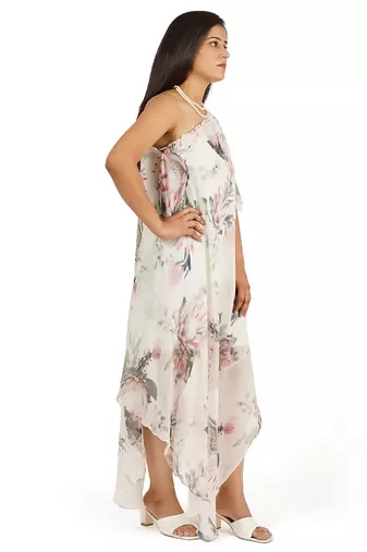 Flower digital printed ruffle sleeve one shoulder long dress