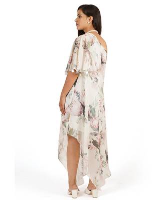 Flower digital printed ruffle sleeve one shoulder long dress 5