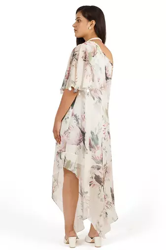 Flower digital printed ruffle sleeve one shoulder long dress