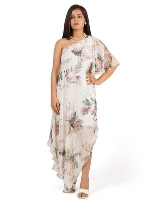 Flower digital printed ruffle sleeve one shoulder long dress 1