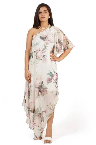 Flower digital printed ruffle sleeve one shoulder long dress