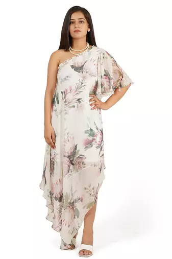 Flower digital printed ruffle sleeve one shoulder long dress