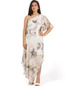 Flower digital printed ruffle sleeve one shoulder long dress