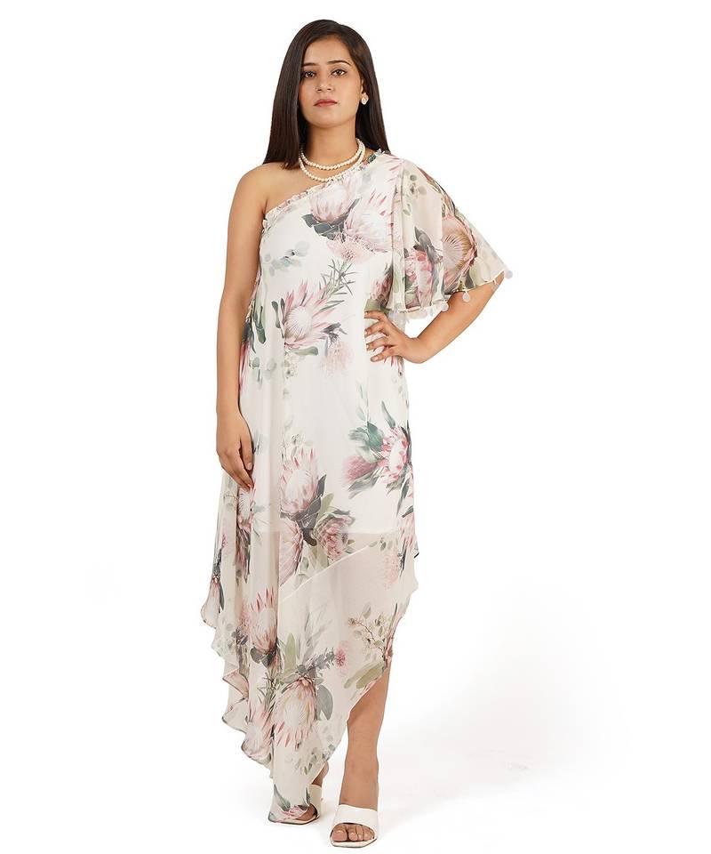 Flower digital printed ruffle sleeve one shoulder long dress